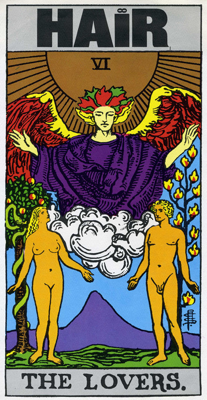 Adam and Eve in Garden of Eden with wild-haired angel above; brown, purple, blue, yellow