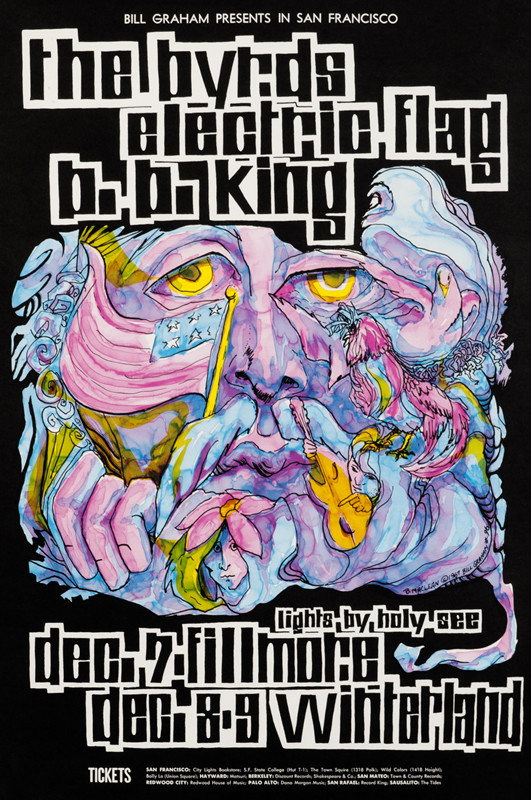 No. 96, flower power, mythology, birds interwoven in man's face, Electric Flag, B.B. King; purple, pink, blue