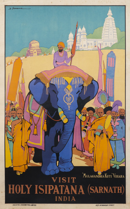 Man rides elephant through crowd; yellow, brown, blue