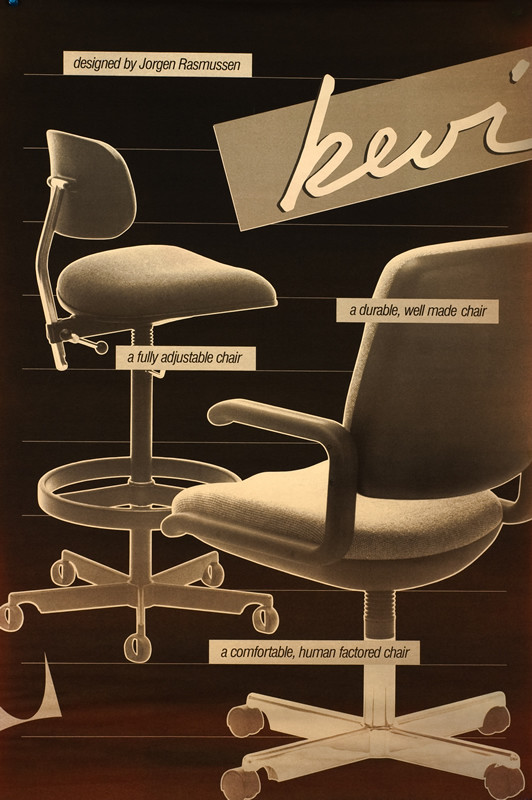 Two views of wheeled Herman Miller office chair; brown, black, white,red