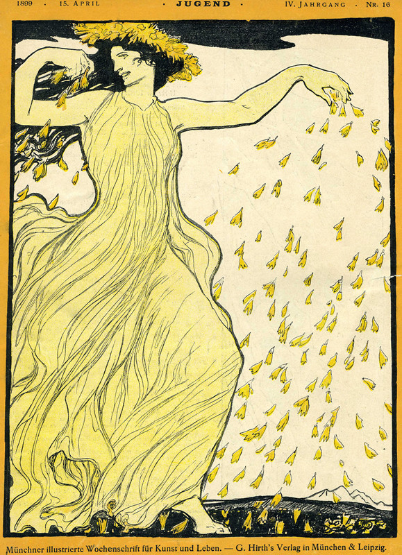 Woman in flowing dress scatters flowers from wreath on her head; yellow, black, white