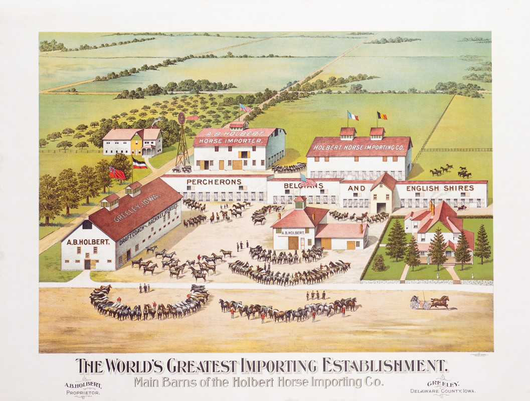 Farmland with horses, stables, old country road, farmhouse; green, yellow, red, white