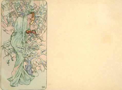 Woman in robe amongst snowy branches; pink, blue, green, pastel
