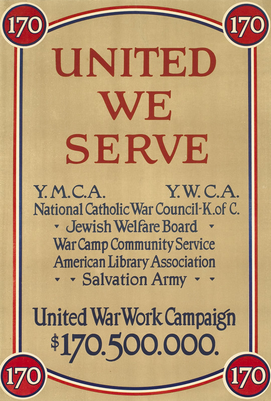 List of fundraising agencies, YMCA, YWCA, Jewish Welfare Board, Salvation Army, American Library Association, Catholic War Council; tan, red, white, blue