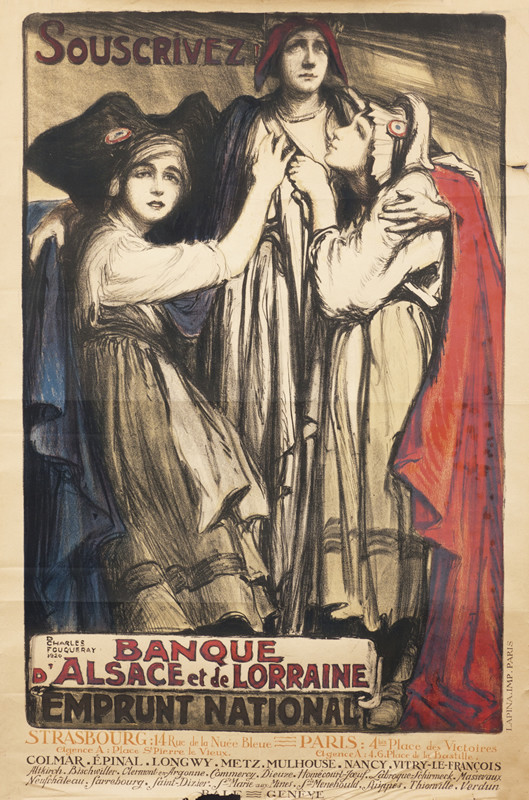 Marianne symbol of France puts arms around two women; white, red, blue