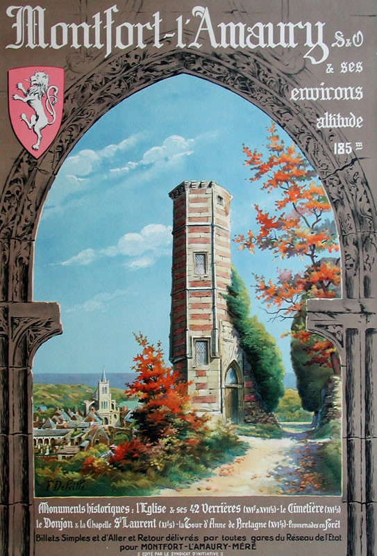 Tower and scenic view; beige, green, orange