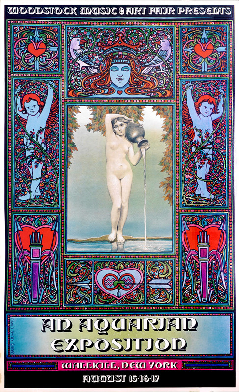Aquarius, Cupid, bows and arrows, flowers and naked maiden;red, blue,
