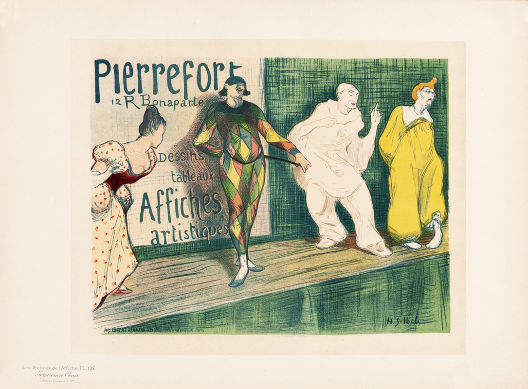 Pierrot and other clowns on a stage; green, yellow, pink, pastel