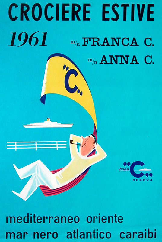 Man sits in deck chair with canopy in form of ship's stack; blue, yellow