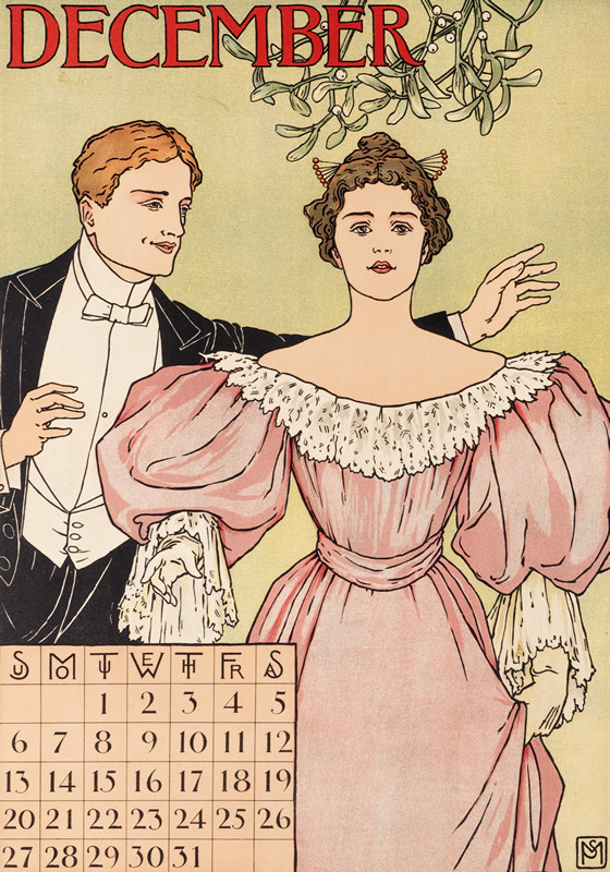Woman in elegant dress standing under mistletoe, man approaching her from behind; pink, green, red