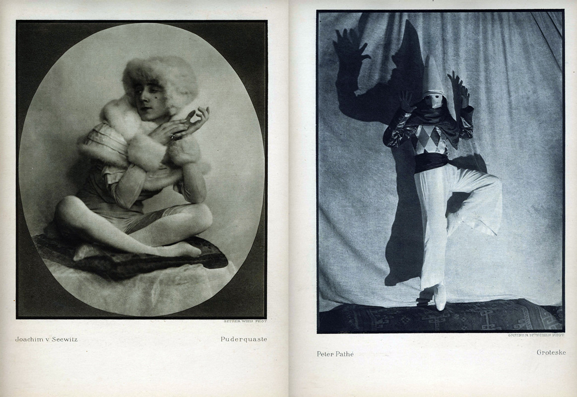 Photograph of masked harlequin ballet dancer en pointe/Wigged and powdered man poses; black, white