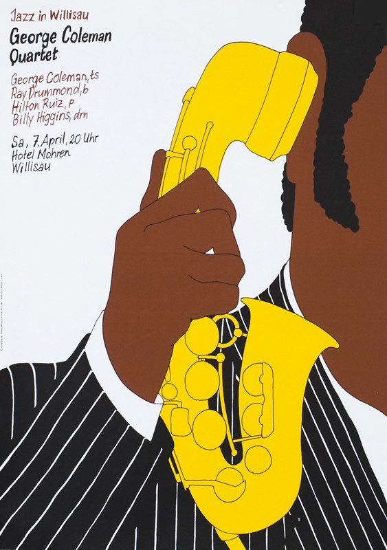Man holds saxophone to ear like telephone; yellow, brown, black