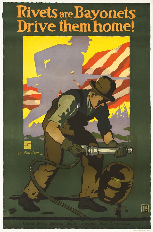 Worker rivets while soldier moves forward, American flag; green, brown, yellow, orange, red
