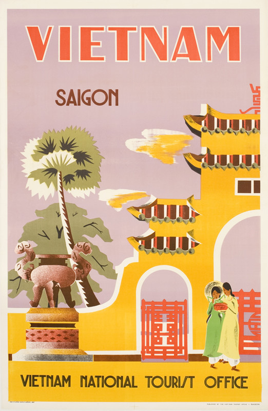Vietnamese women stand with offering outside of temple, palm tree, offering platform; yellow, purple, green