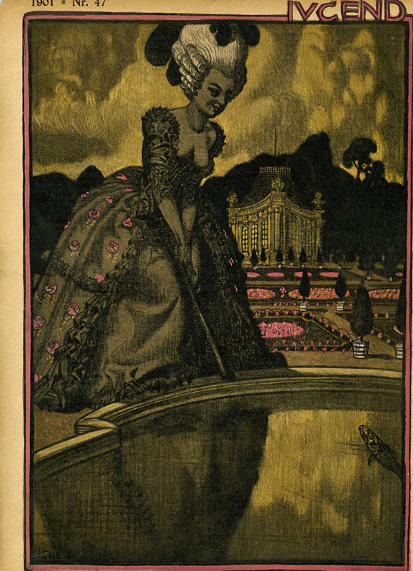 Woman looking in pool; pink, black, sepia