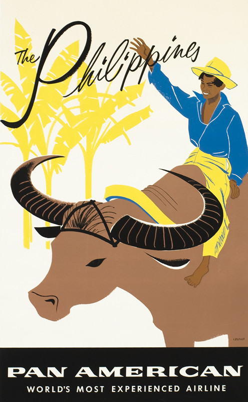 Man atop water buffalo waves, palm trees behind; brown, yellow, blue