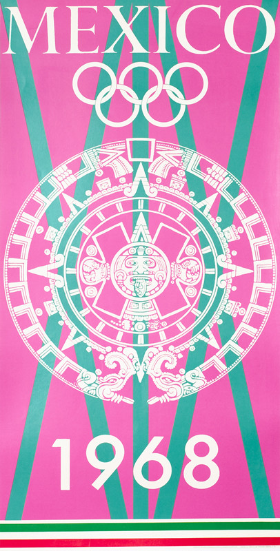 Circular Aztec design, Roman numerals "XI," Olympic rings; turquoise, pink, white