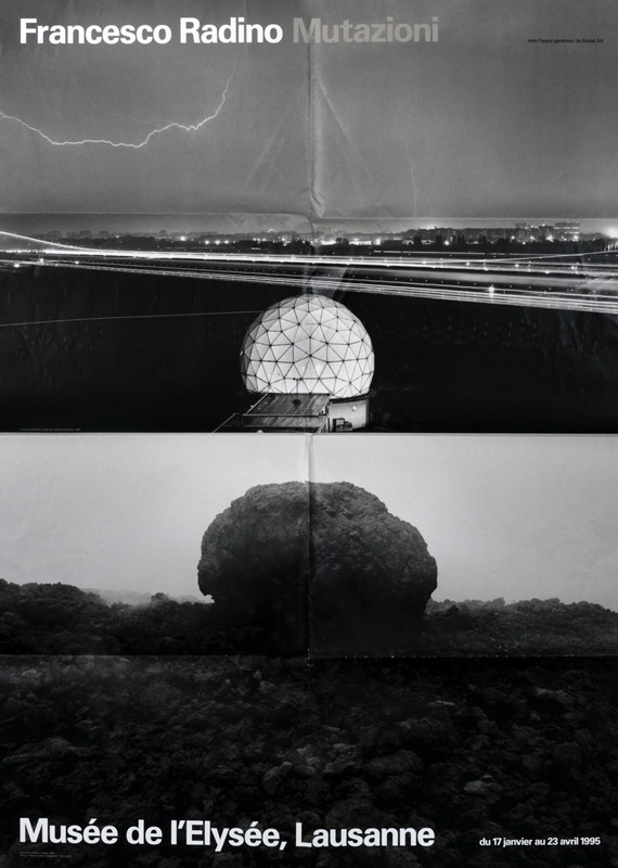 Photograph from airport in Milan above photograph of Mount Etna; black, white, gray