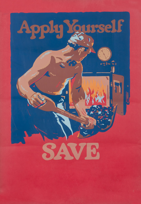 Man shovels coal into furnace; red, blue, brown