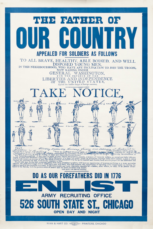 Long text plus sketches of Continental Army soldiers illustrating weapons drill chicago; blue, white