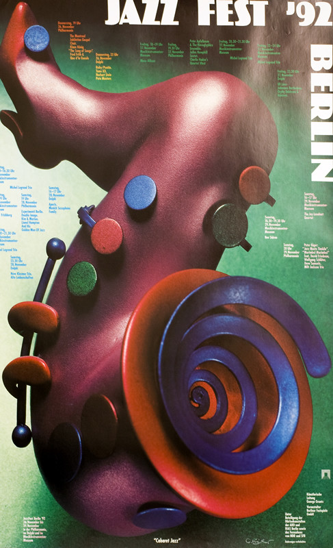 Saxophone in shape of woman's leg; purple, green, red, blue