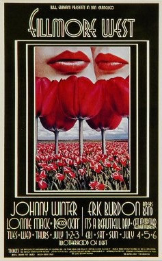 No. 180, photo of field of red tulips, close up of red lips, Lonnie Mack, Rockin' Foo, Eric Burdon, It's a Beautful Day, Cat Mother & The All Night News Boys; red, black