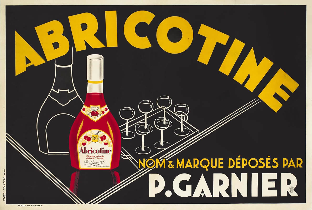 Red bottle and tray of glasses; black, yellow, red
