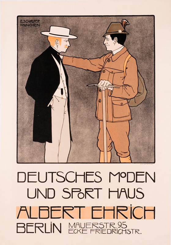 Hiker and gentleman talking; black, brown, orange
