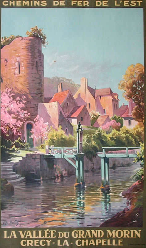 Village scene with ruined castle and stream; pink, green, blue, pastel