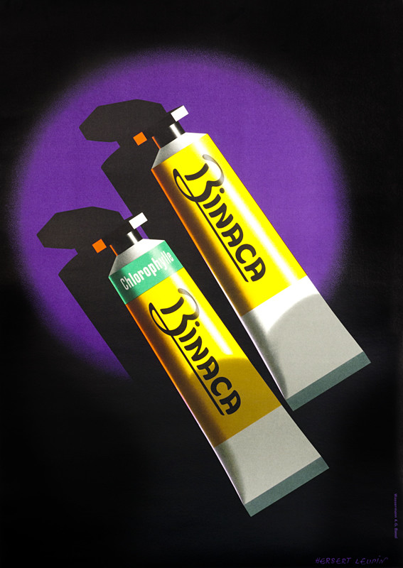 Two tubes of Binaca, on a purple background, highlighted by a spotlight;  purple, black, yellow, white