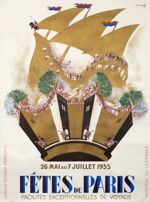 Castle walls, ocean going caravel and crowd celebrate in Paris; blue, white, green, gold