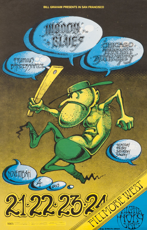 Frumious Bandersnatch cartoon character running, Moodly Blues, Chicago Transit Authority, Fillmore West; coproduced by Alton Kelly, green, blue, yellow