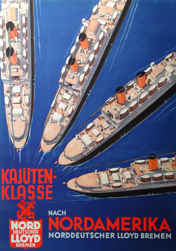 Four ocean liners fan out against ocean; blue, red