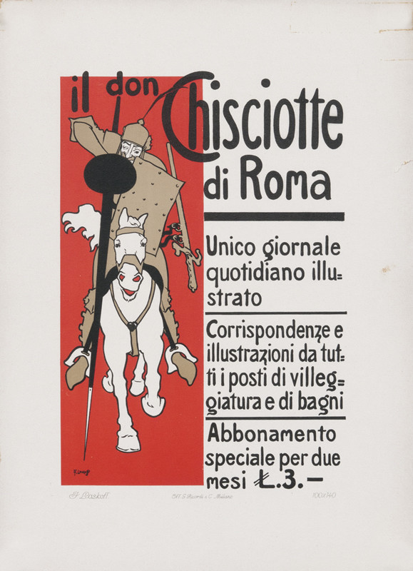 Don Quixote charges forward on his horse; red, white, black