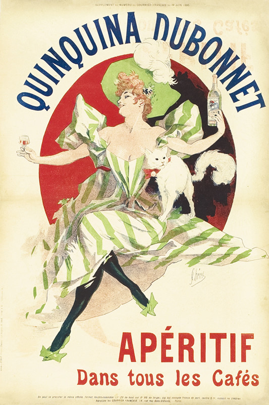 Girl in striped green dress with cat offers glass of aperitif; green, red