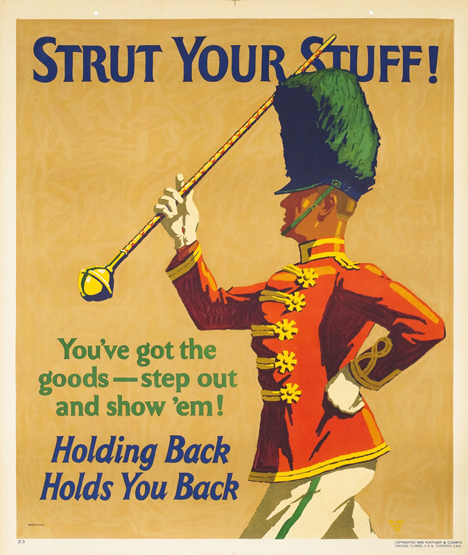 Profile of band leader marching with baton;green, orange, beige