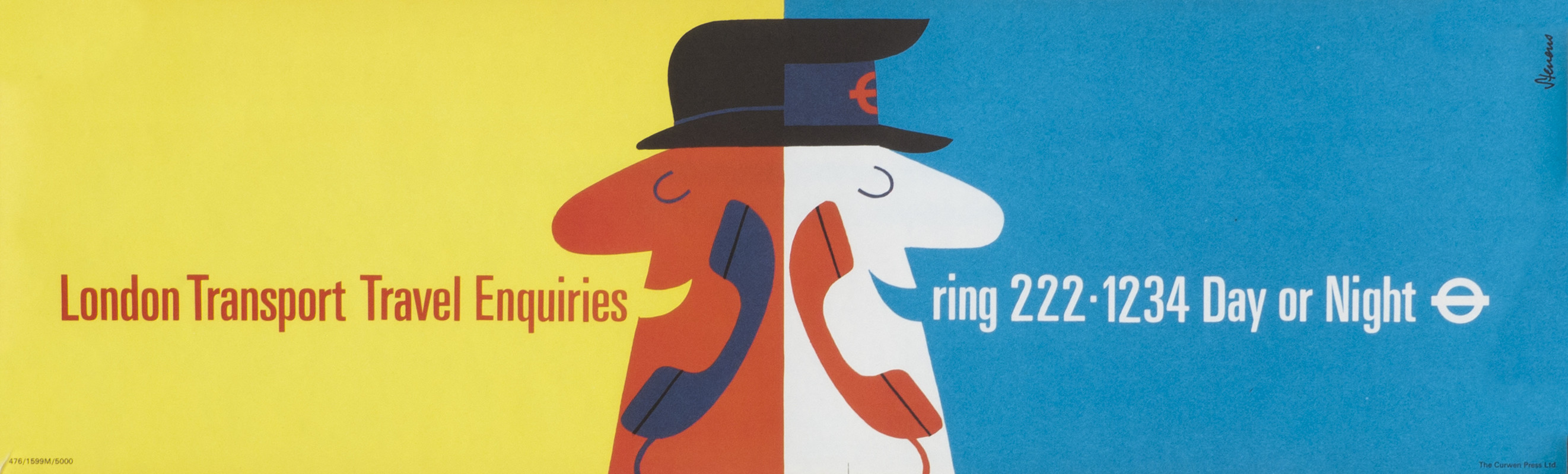 Two men talk to each other on the phone; blue, yellow, white