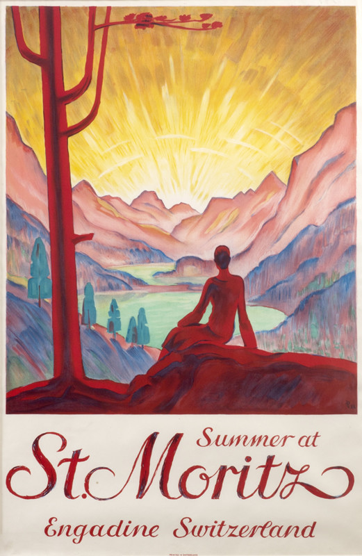 Woman on a hilltop watching sunset; yellow, pink, blue, red, pastel