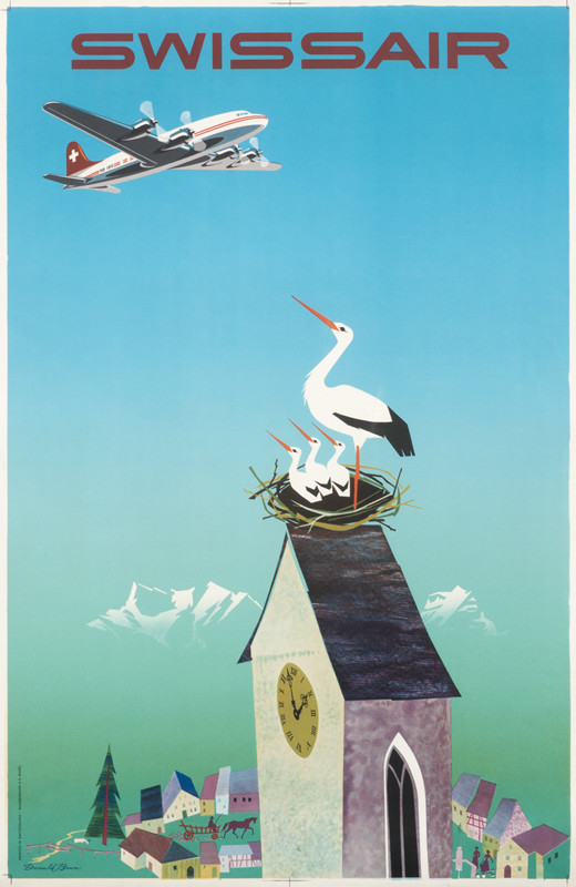 Nest of storks on clock tower, airplane passes over mountains; blue, purple
