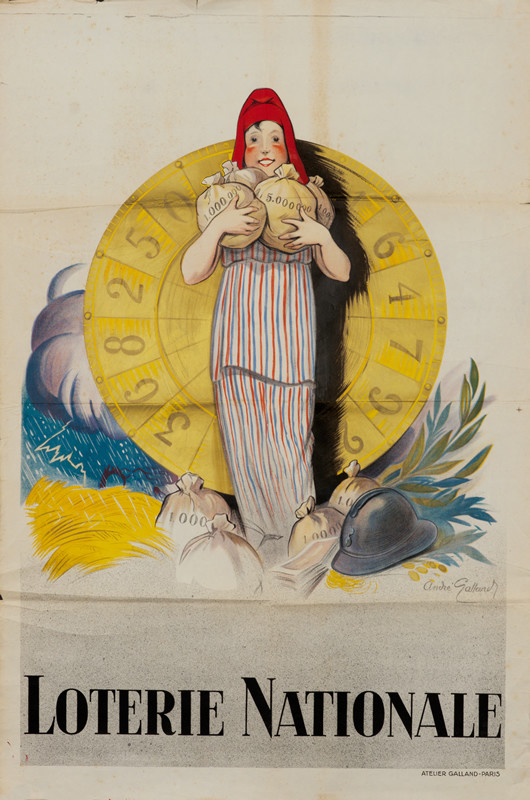 Marianne with pots of money; gold, red, blue, yellow