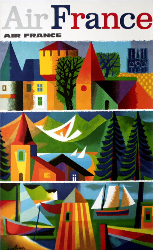 Castles, cathedrals, mountains and seaside of France; bright blue, green, red