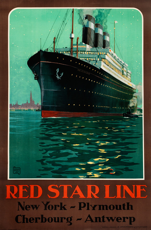 Ocean Liner Belgenland steams out of harbor at night; brown, red, blue