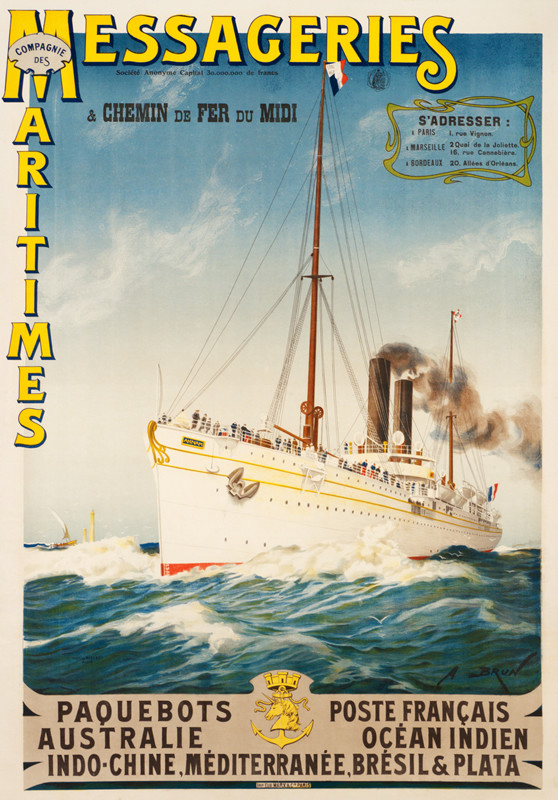 Ocean liner Annam under steam pasing lighthouse; green, blue, yellow, white