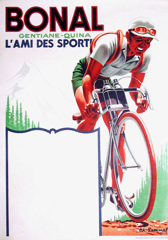 Cyclist in mountains; green, orange