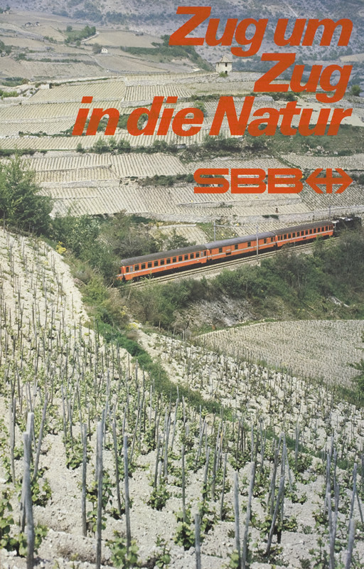 SBB train travels through vineyards and farmland; gray, green, orange