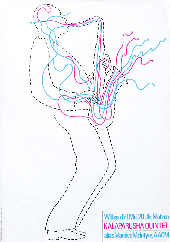 Man drawn in outline plays saxophone, lines of music emanating from instrument; pink, blue, white, black