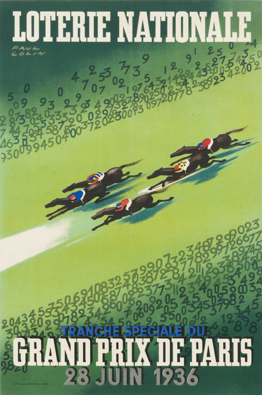 Jockeys ride horses past throngs of numbers; green, brown, yellow