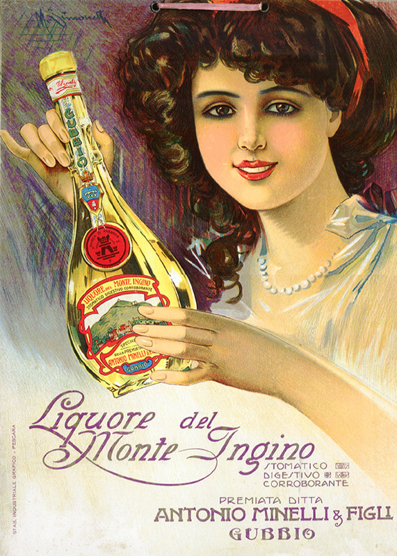 Woman holds bottle; red, brown, yellow