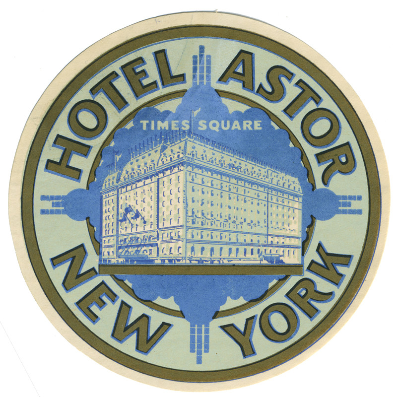 Close up view of Hotel Astor; blue, white, gold