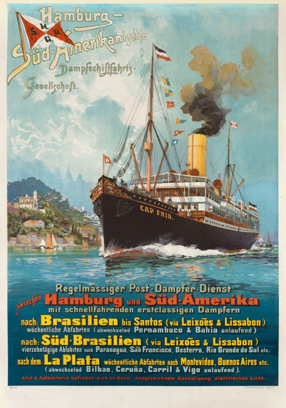 Ocean liner Cap Frio steams past South American coast; blue, red, yellow